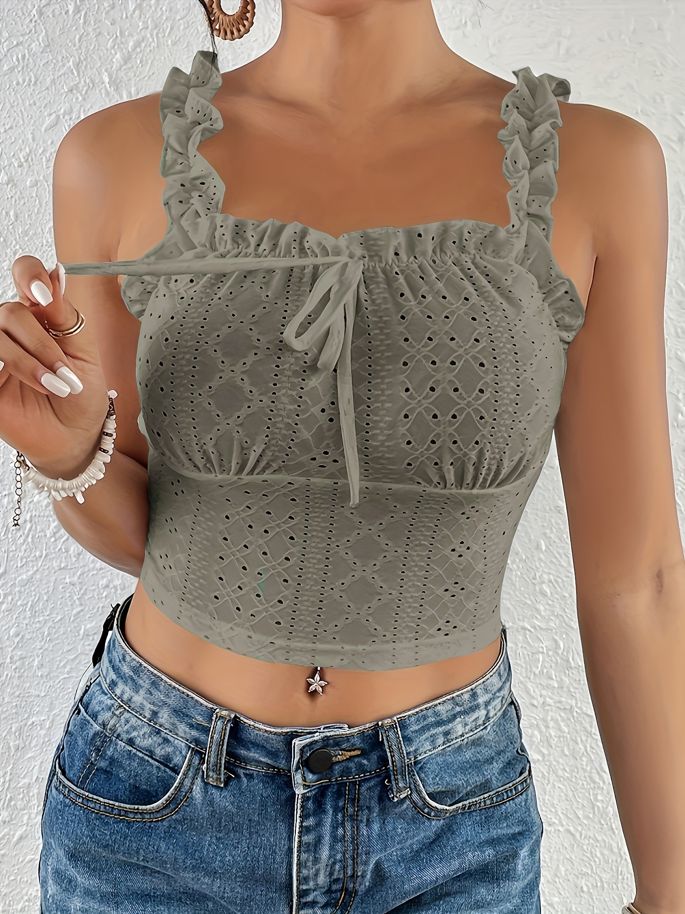 Solid Eyelet Tie Front V neck Crop Top Vacation Style Flare - Temu