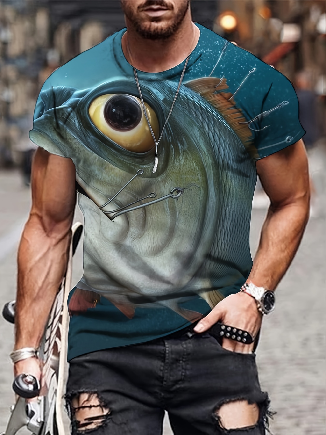 3D Fish Print, Men's Graphic Design Crew Neck Novel T-Shirt, Casual Comfy Tees Tshirts For Summer, Men's Clothing Tops For Daily Vacation Resorts