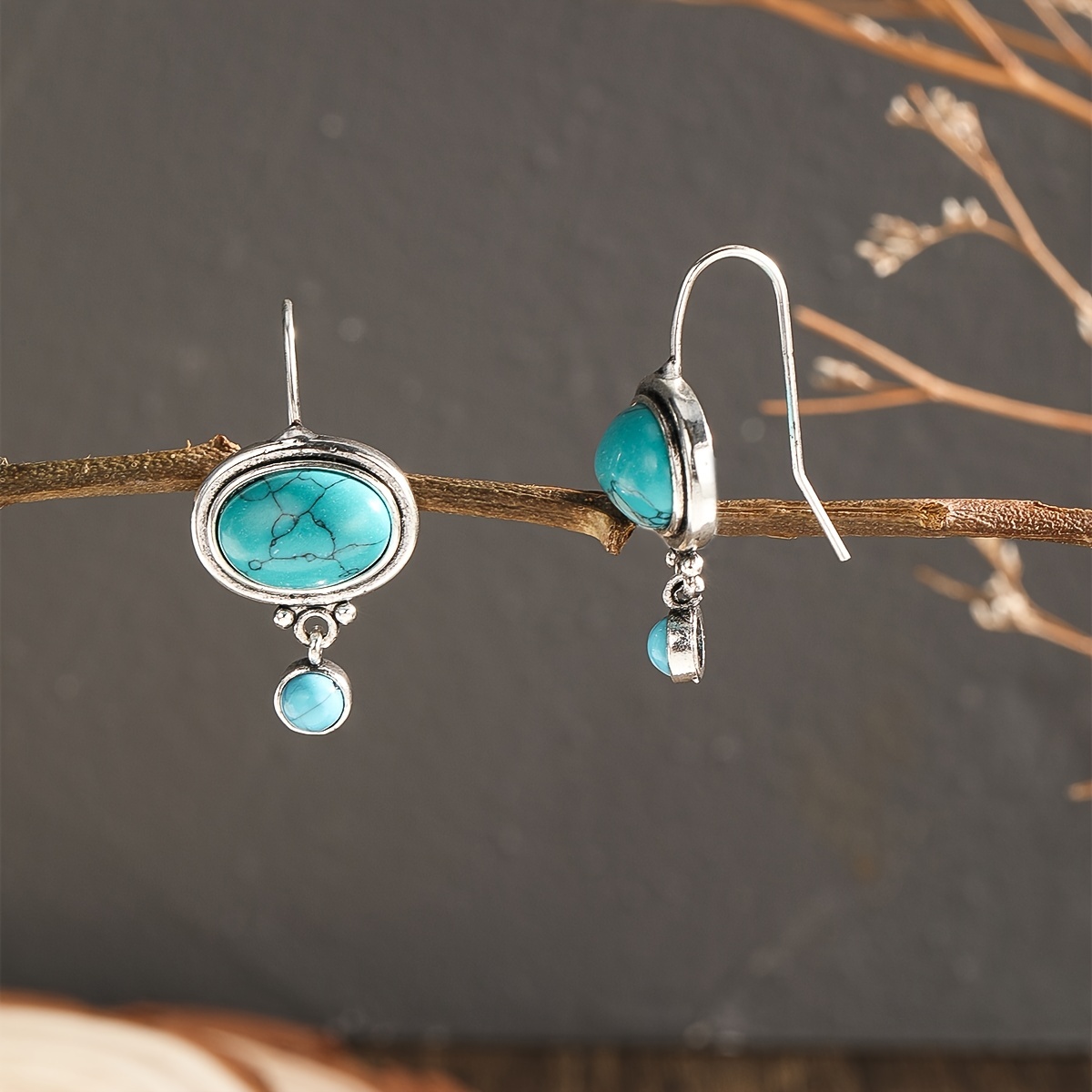 Vintage Boho Turquoise Dangle Earrings, Birthstone Style
