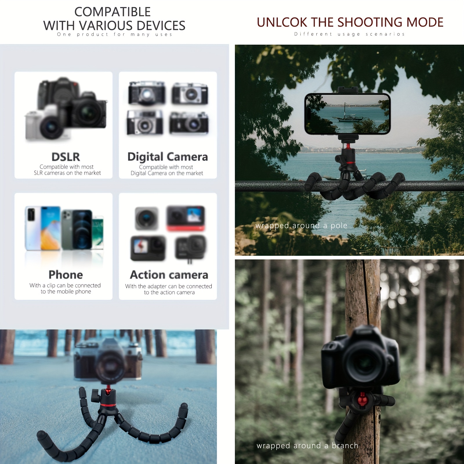 Trípode para iPhone, trípode de cámara flexible Fotopro con control remoto  para iPhone 12 XS, Samsung, resistente al agua y antigrietas para GoPro