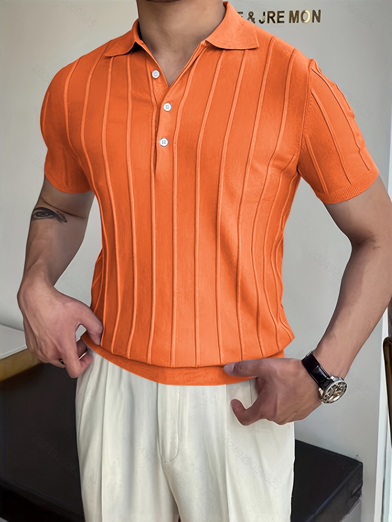 Vertical Striped Chic Shirt, Men's Casual Solid Color High Stretch V-Neck  Pullover Sweater For Summer