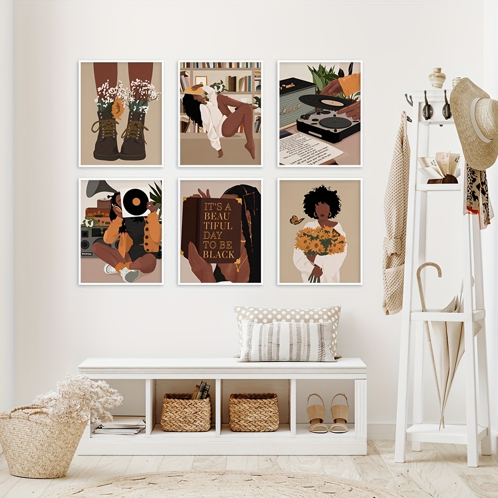 Framed Abstract African American Black Woman Canvas Wall Art, Boho Fashion  Flower Art print, Black Women Bedroom Home Decor, Black Girl Poster