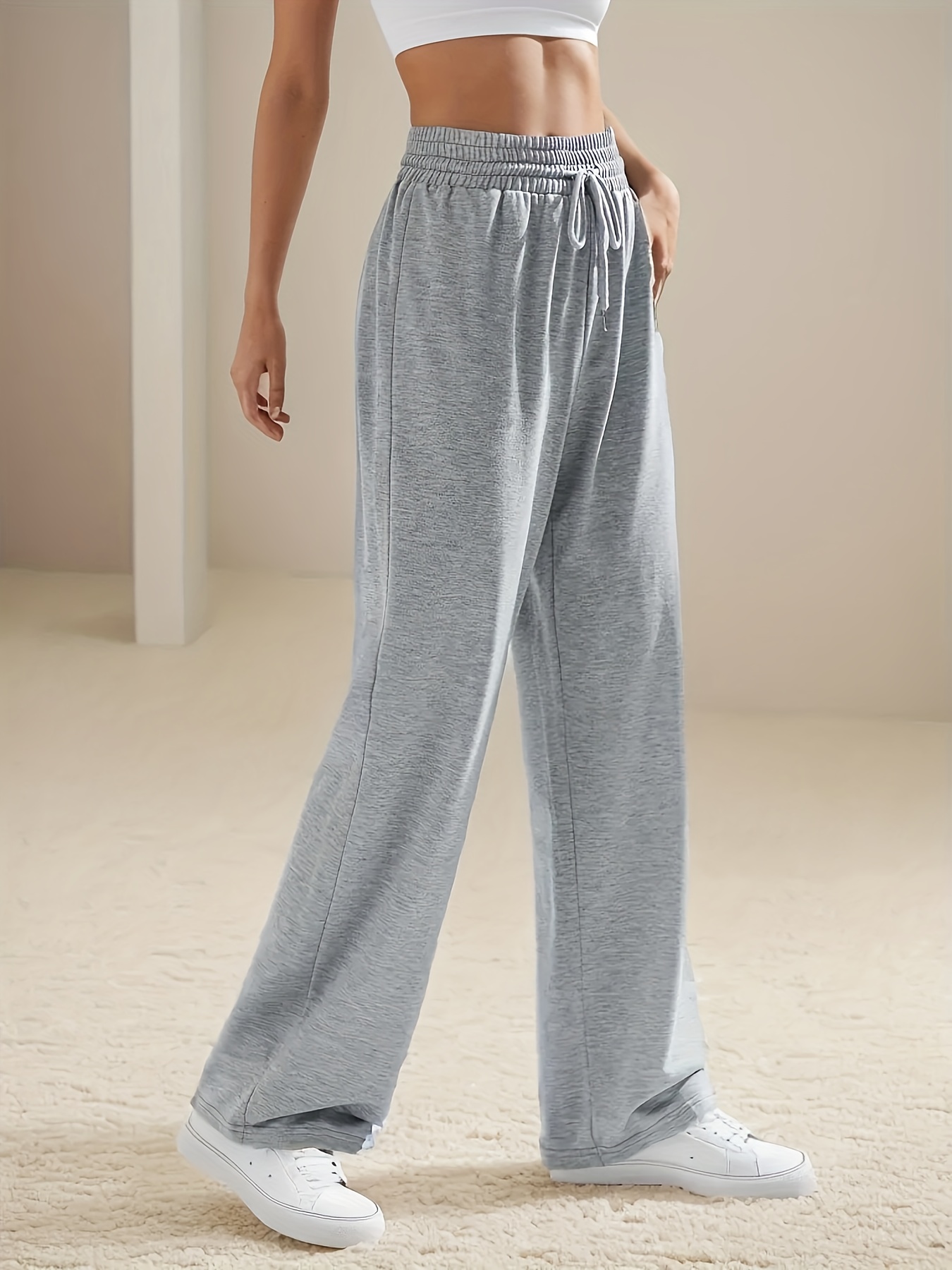 Side Split Hem Wide Leg Casual Pants, Solid Color Fitness Yoga Loose Pants,  Women's Activewear - - Temu
