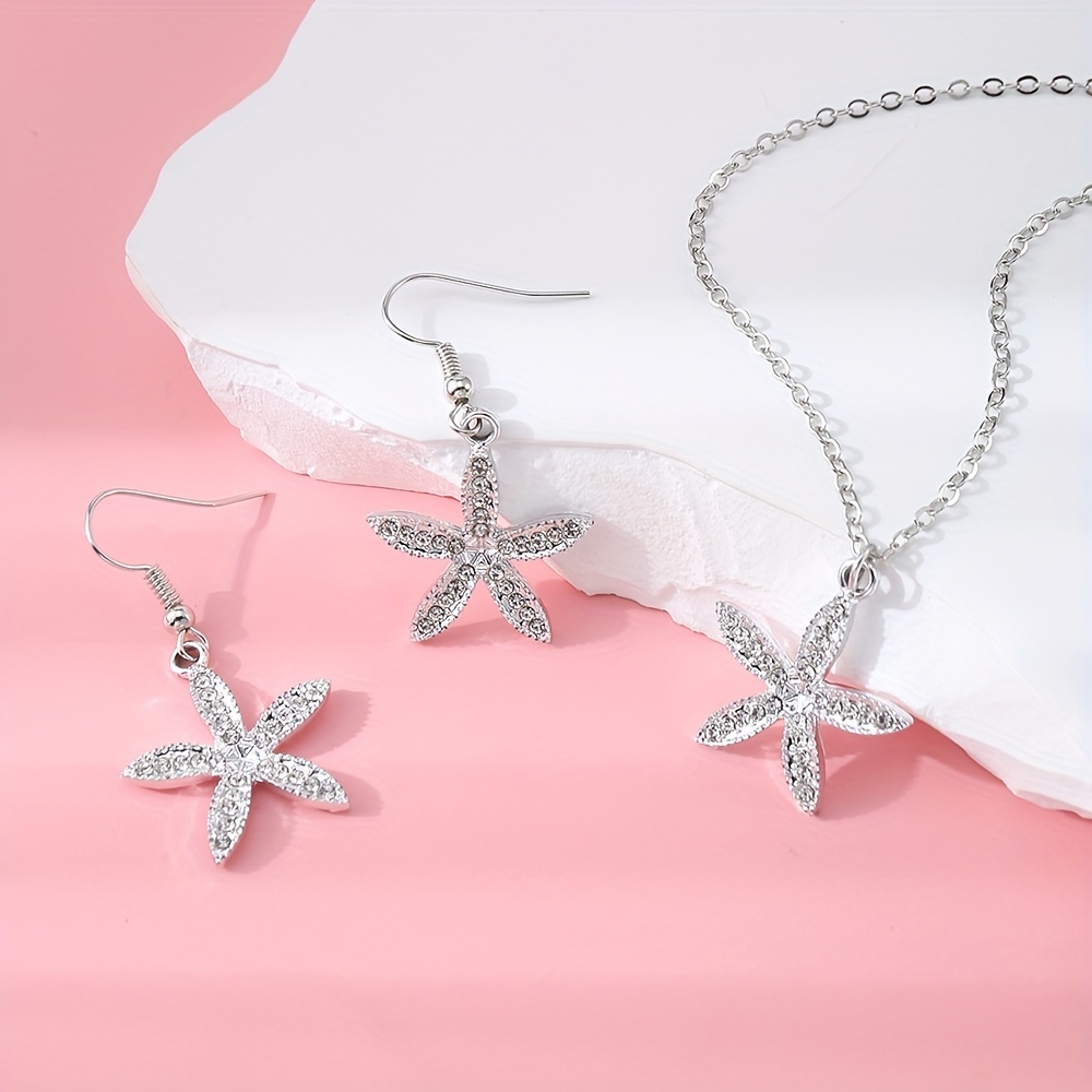 Earrings Plus Necklace Cute Starfish Pendant Inlaid Rhinestone