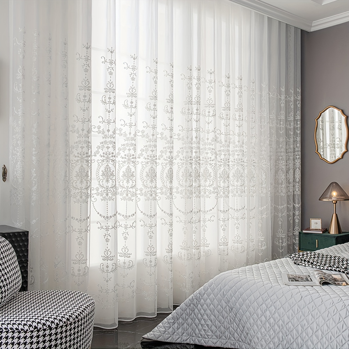 E-shop Exquisite weiß gestickter -Vorhang, einfacher geometrisch gestickter Blumen-Fenster-Vorhang, Stangentasche, gestickter -Vorhangpanel geeignet