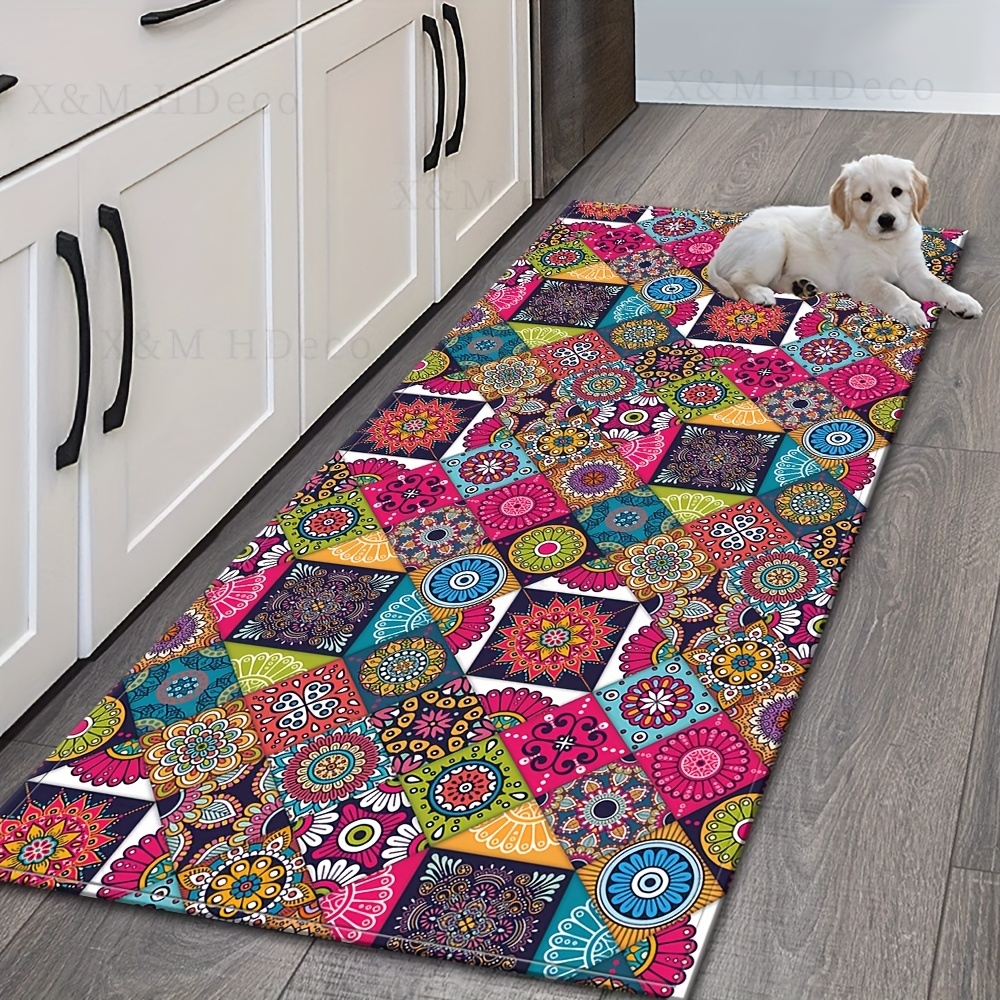 

1pc Mandala Printed Non-slip Floor Mat, Retro Element Plaid Rug, Suitable For Living Room, Dining Room, Bedroom, Kitchen And Laundry Room