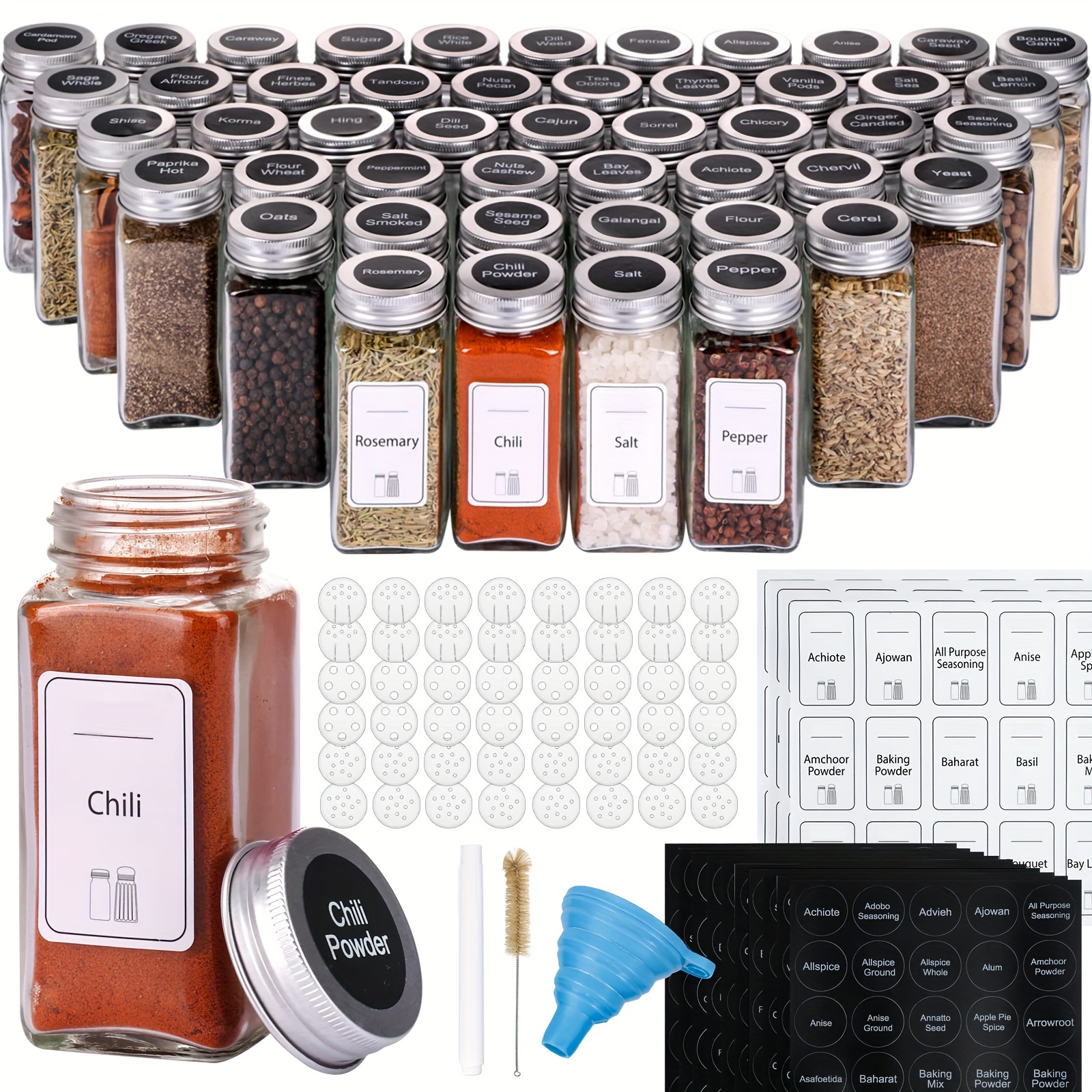 8oz Spice Jars With Black Spice Labels, Shaker Lids Dispenser With Airtight  Black Metal Caps, Cleaning Brush and Collapsible Funnel 