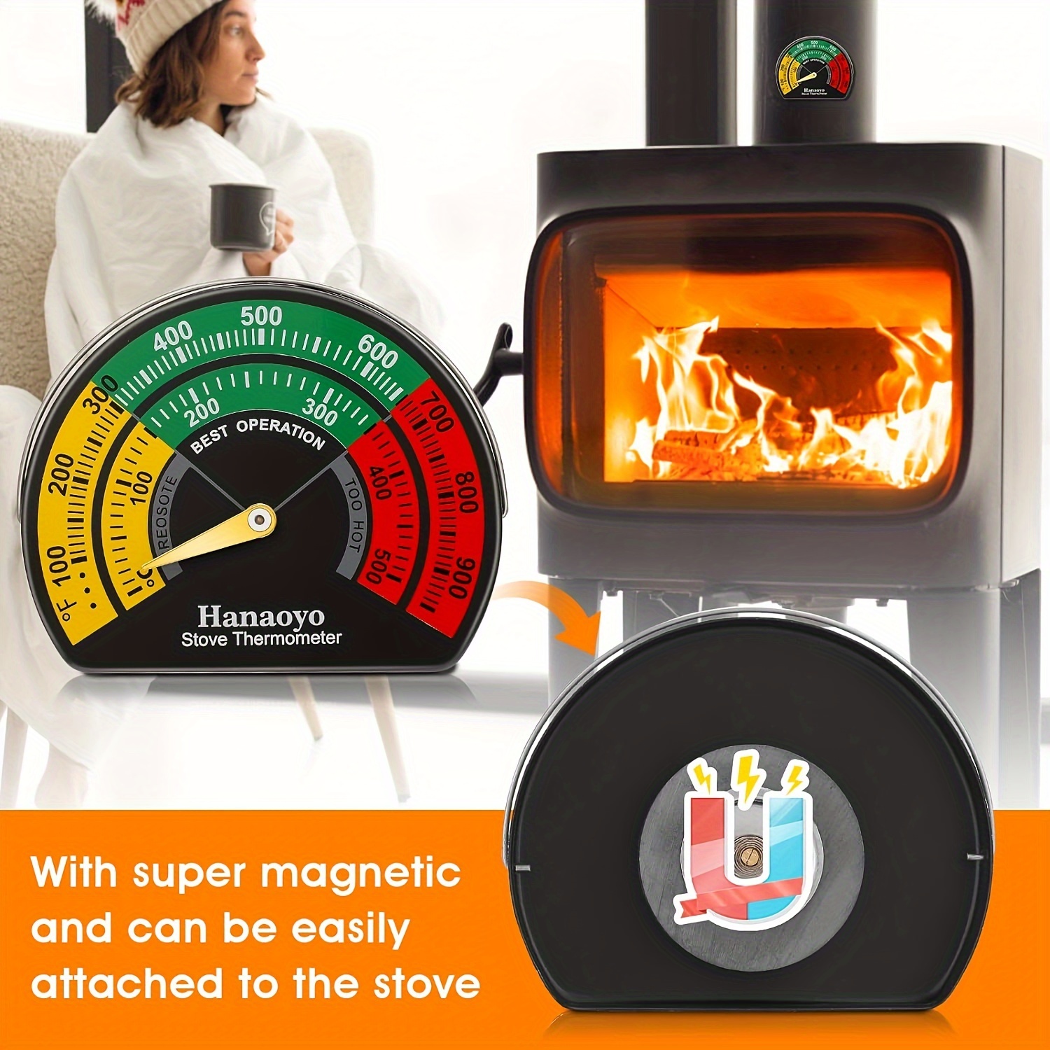 Stove Flue Pipe Thermometer Woods Burner Solid Fuel Magnetic