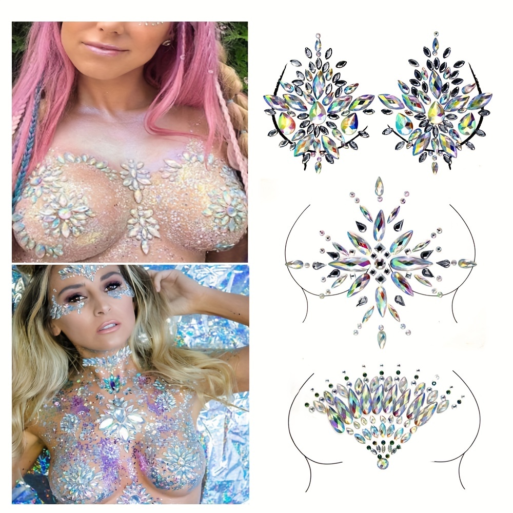 Breast Jewels Tattoo Rhinestone Chest Sticker Temporary Tattoo Glitter  Breast Body Gems Tattoo Sticker Body Art Decor Jewel Paste for Festival