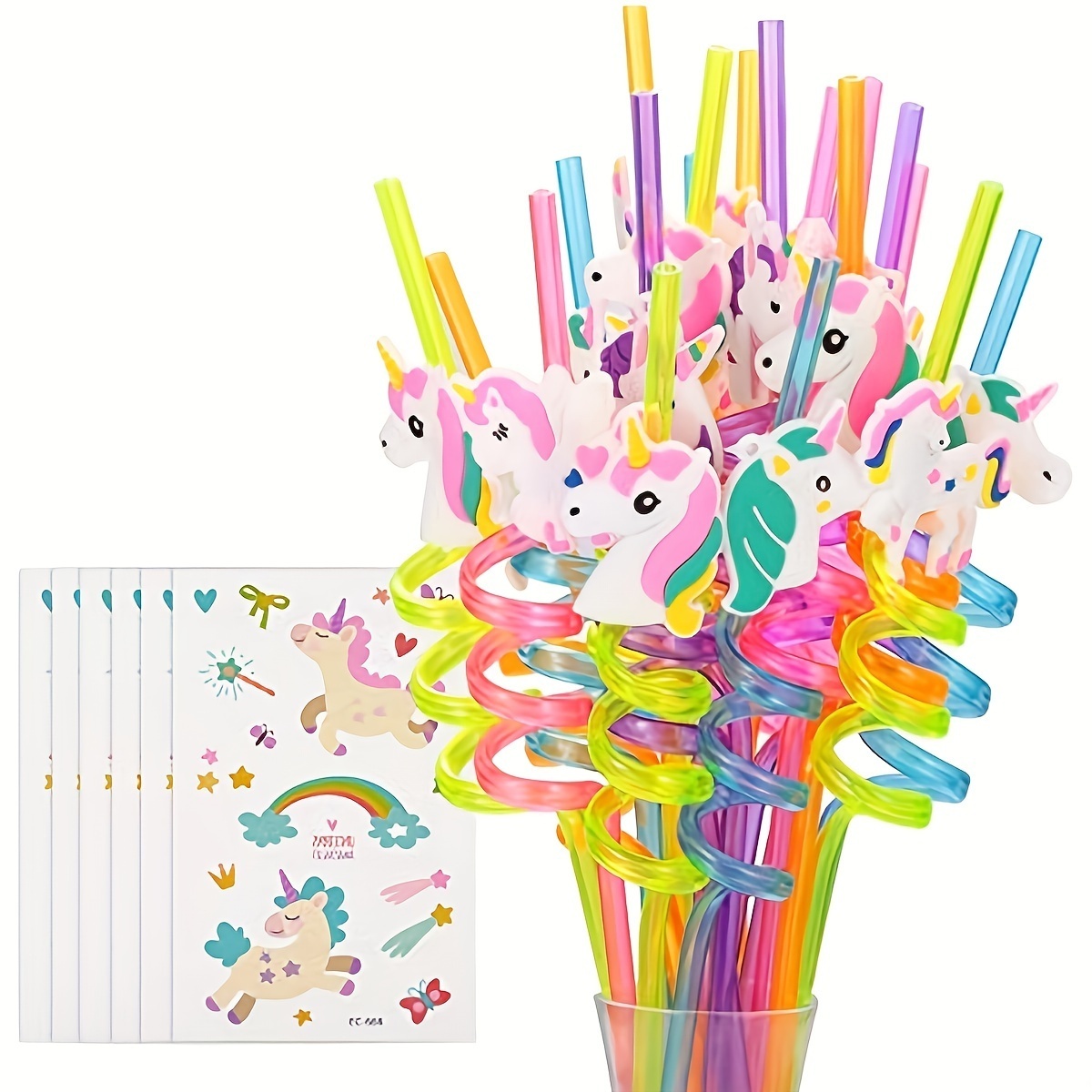 

Set, 12 Reusable Cute Drinking Plastic Straws + 6 Cute Temporary Tattoos | Cute Birthday Party Supplies - Rainbow Cute Party Favors Decorations With 2 Cleaning Brush