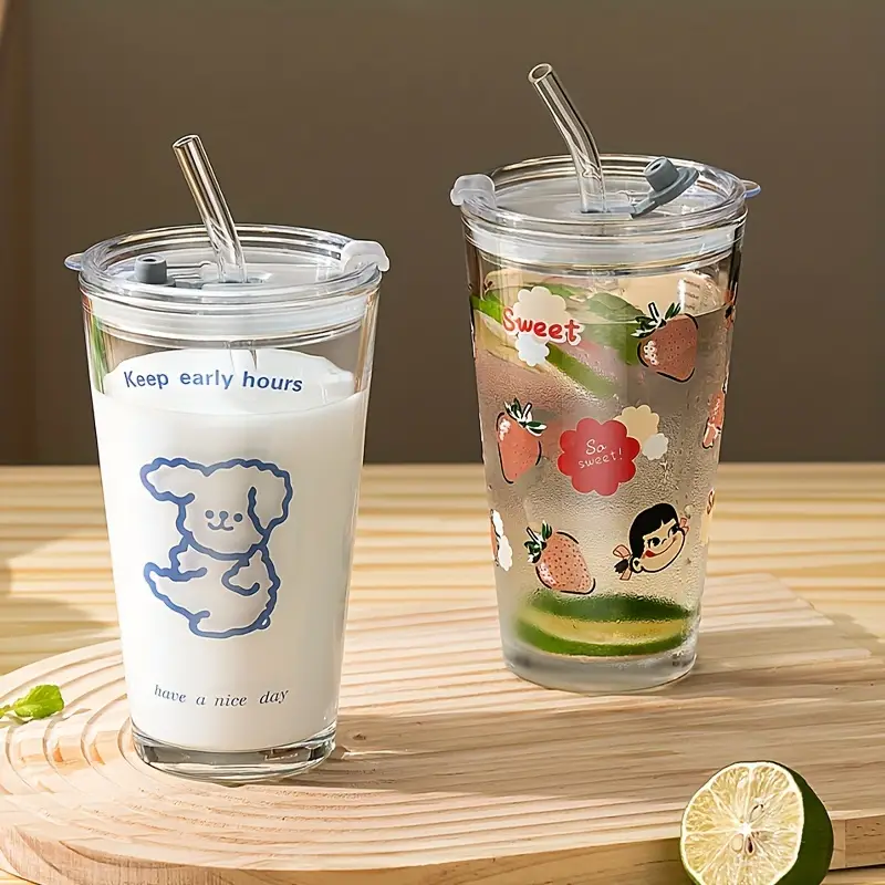Glass Tumbler With Lid And Straw, Cartoon Bunny Dog Girl Water