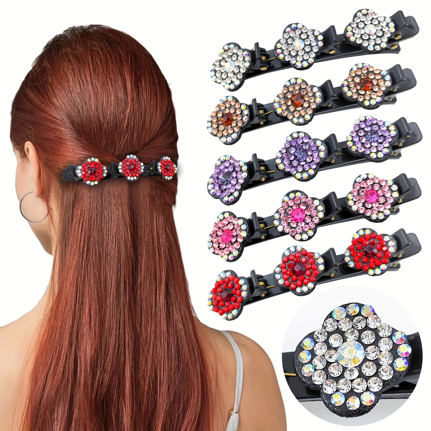 Braided Hair Clip with 3 Small Clips, Sparkling Crystal Stone