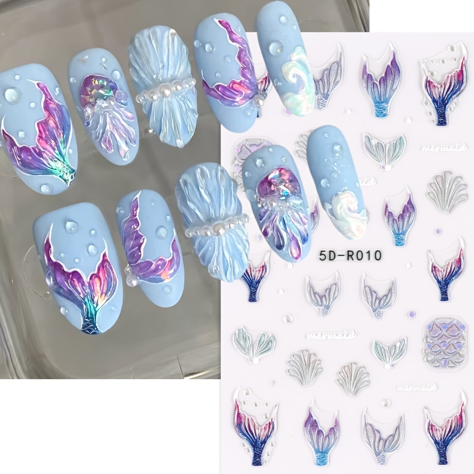 

Blue Mermaid Tail 5d Embossed Nail Stickers, Shellfish Jellyfish Dreamy Ocean Animal World Design Nails Nail Art Decals For Diy, Summer Sea Manicure Decor