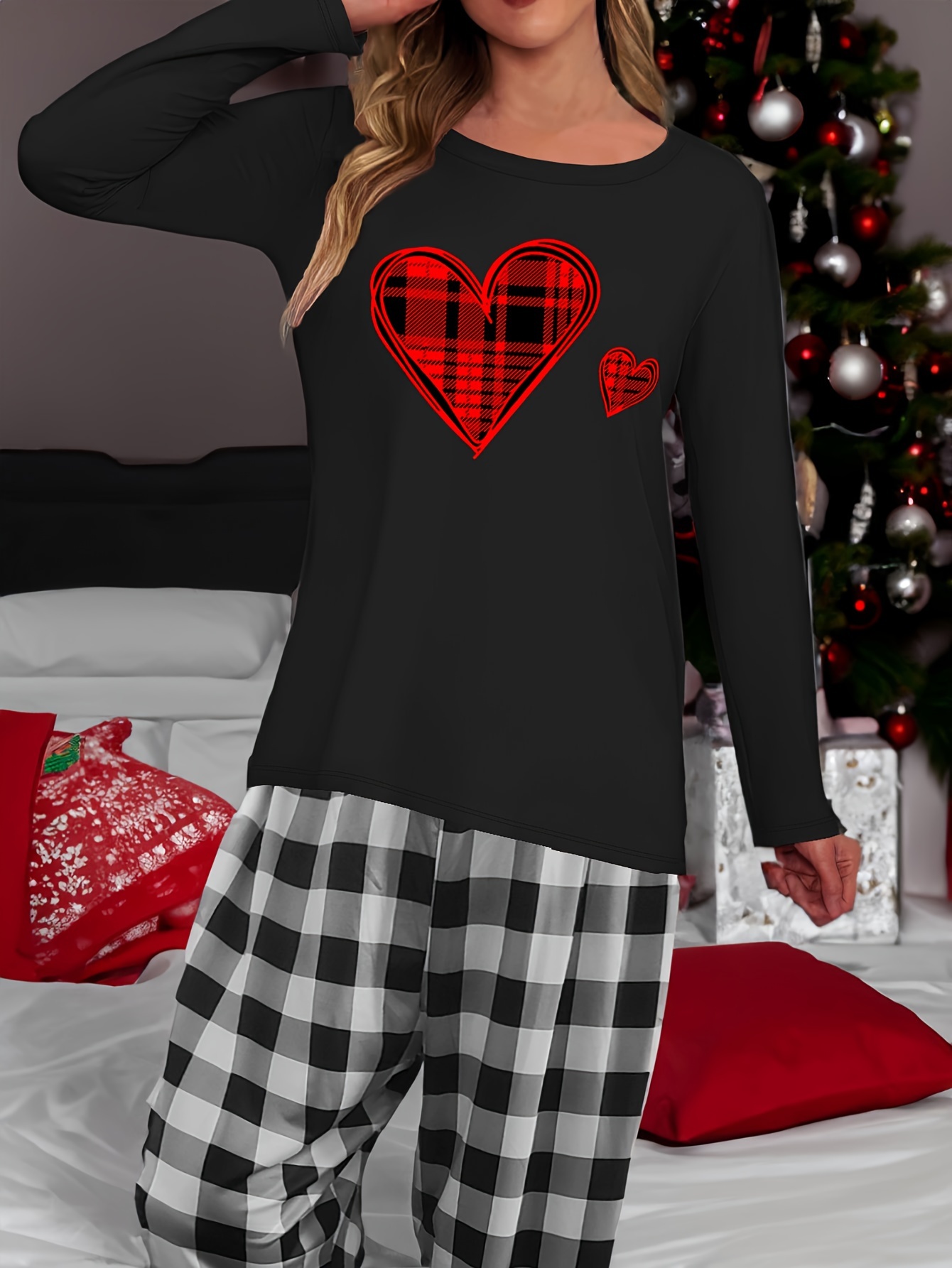 Buffalo Plaid Satin Women Pajama Set, Red Black Check Christmas