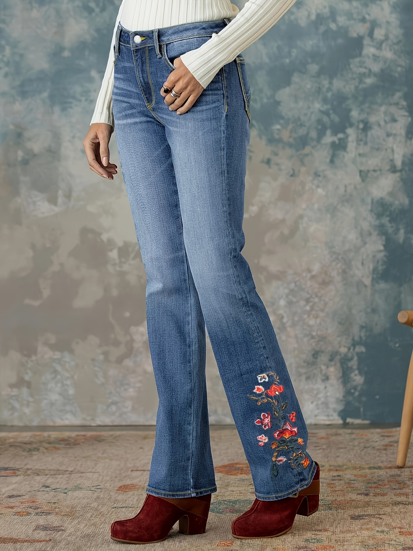 Floral Embroidered Niche Flare Jeans, Slant Pockets High Stretch Bell  Bottom Jeans, Women's Denim Jeans & Clothing