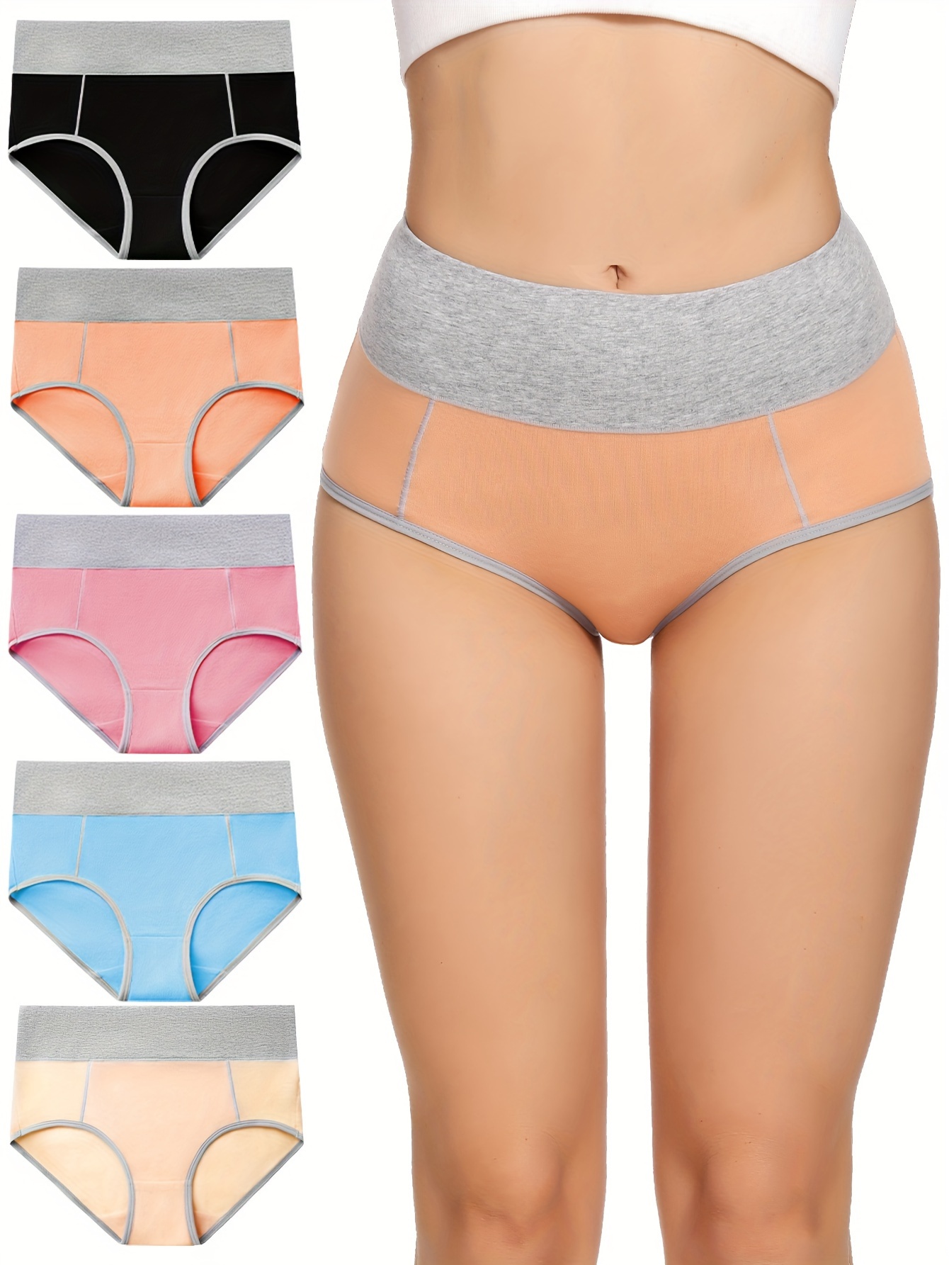 5 Pack Women's Simple Panties Set, Plus Size Contrast Binding High Waist  Double Layered Soft Panties 5pcs Set
