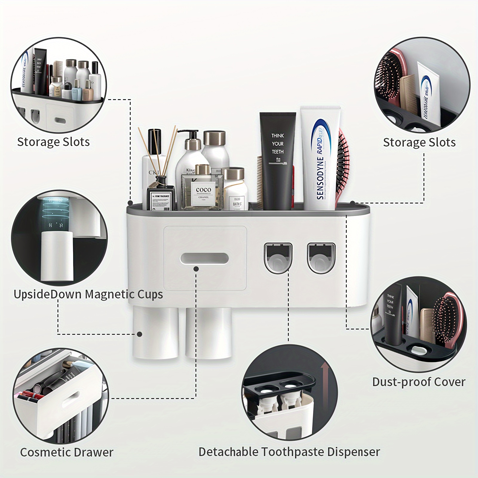 wall mounted toothbrush holder with automatic dispenser 6 slots magnetic cups cosmetic drawer storage tray sleek black bathroom organizer details 3