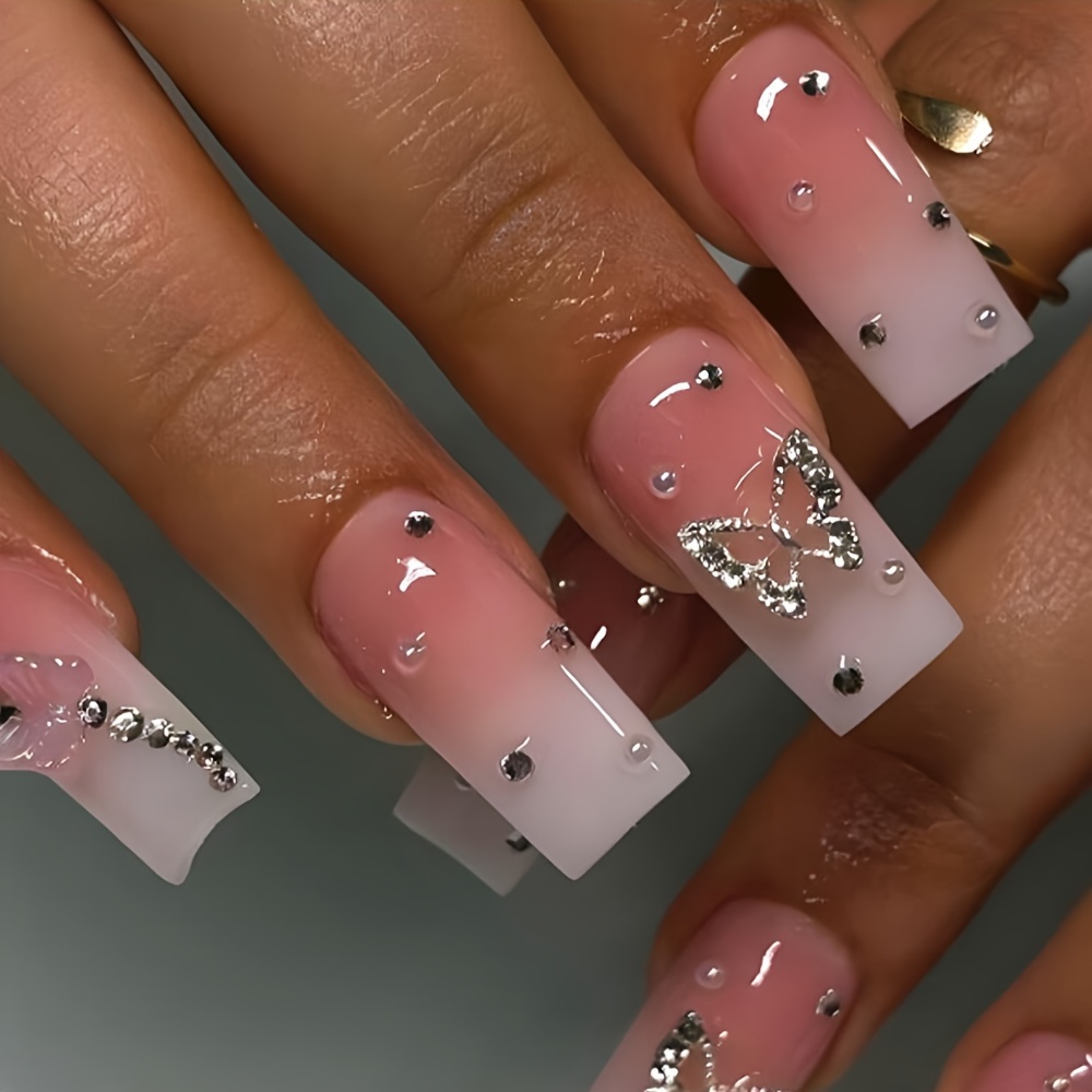 Press On Nails Long Coffin Fake Nails With 3d Butterfly - Temu