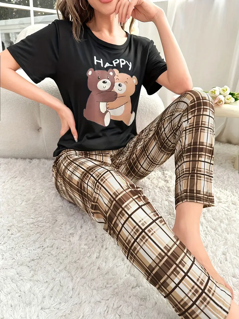 Cartoon Bear Print Pajama Set Cute Short Sleeve T shirt Cozy - Temu