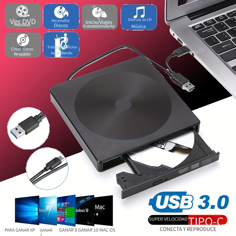 Lecteur CD DVD externe USB 3.0 Type-C Portable DVD/CD ROM +/-RW Graveur  Lecteur Lecteur Lecteur Graveur pour Mac MacBook Pro/Air, iMac, Windows  11/10/8/7 Ordinateur Portable Ordinateur de Bureau 