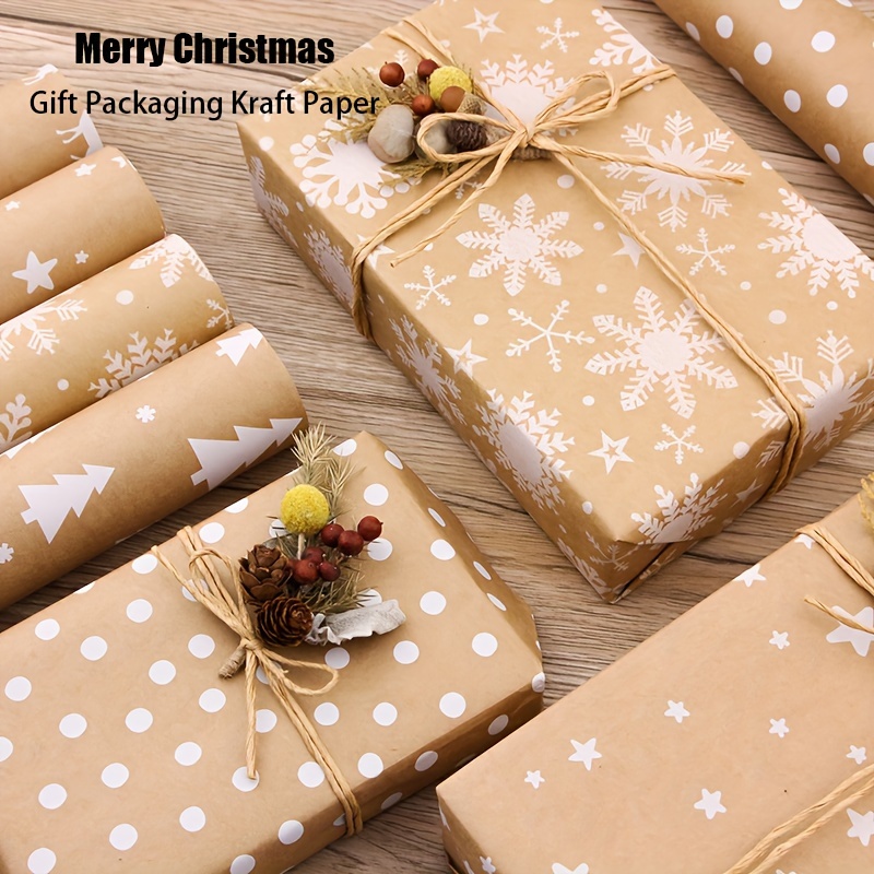 Christmas Wrapping Paper Roll, Brown Kraft Gift Wrapping Paper Jumbo Roll,  Snowflake Christmas Wrapping Paper with Paper Rope, Christmas Wrapping