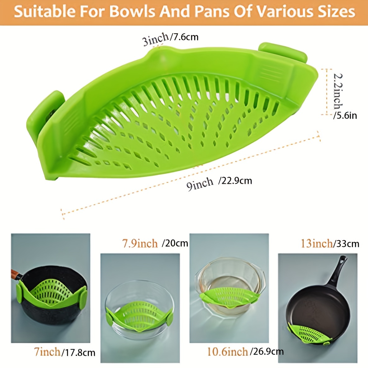  Clip On Pasta Strainer Silicone - Universal Fit for all Pots  and Bowls, Snap On Drainer for Pasta, Meat, Vegetables, Fruit, Silicone  Colander for Kitchen, Easily Drain Food