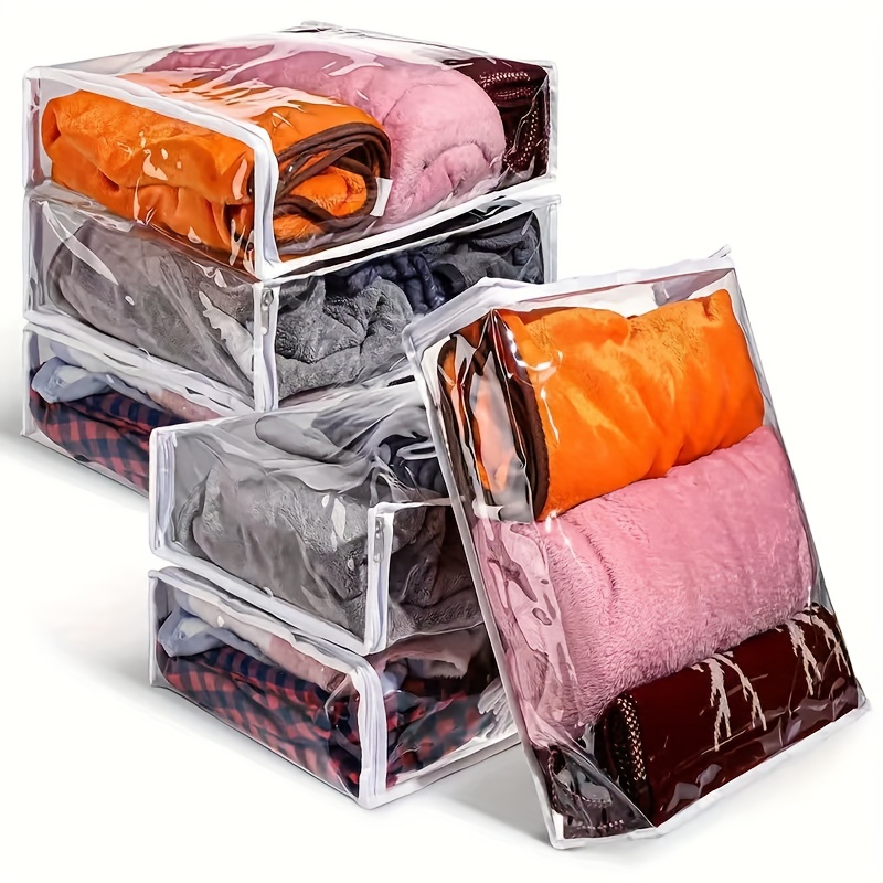 

6pack Transparent Zippered Storage Bags, Foldable Plastic Storage Bags, Sweaters Blankets Towels Storage Organizer Box, Household Packing Storage Bags For Beddings Pillows Quilt Clothes