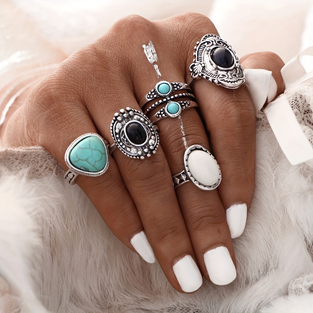 5pcs Boho Style Stacking Rings Inlaid Turquoise