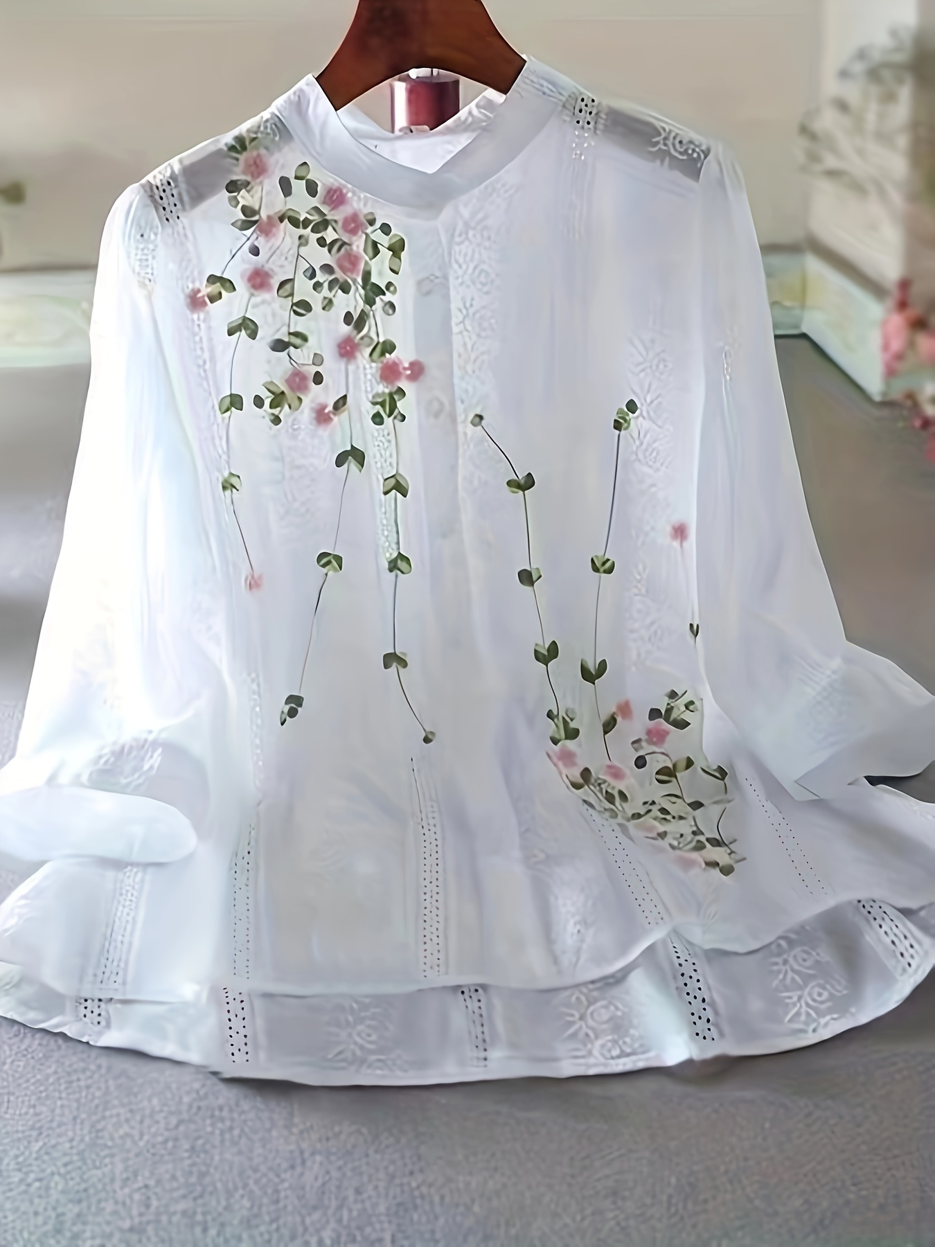 Blusa floral con ojales, elegante blusa frontal con botones para primavera y verano, ropa de mujer