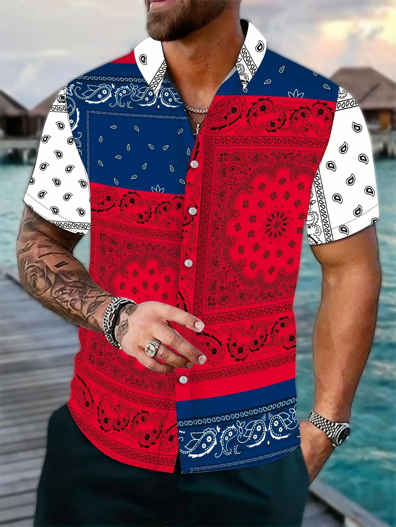 Men's Shirt Top, Color Block Retro Bandana Print, Camp Collar Bowling  Shirts Short Sleeve Closure Summer Hawaiian Shirt Male Casual Button Up  Shirt For Daily Vacation Resorts Beach Shirts For Men 