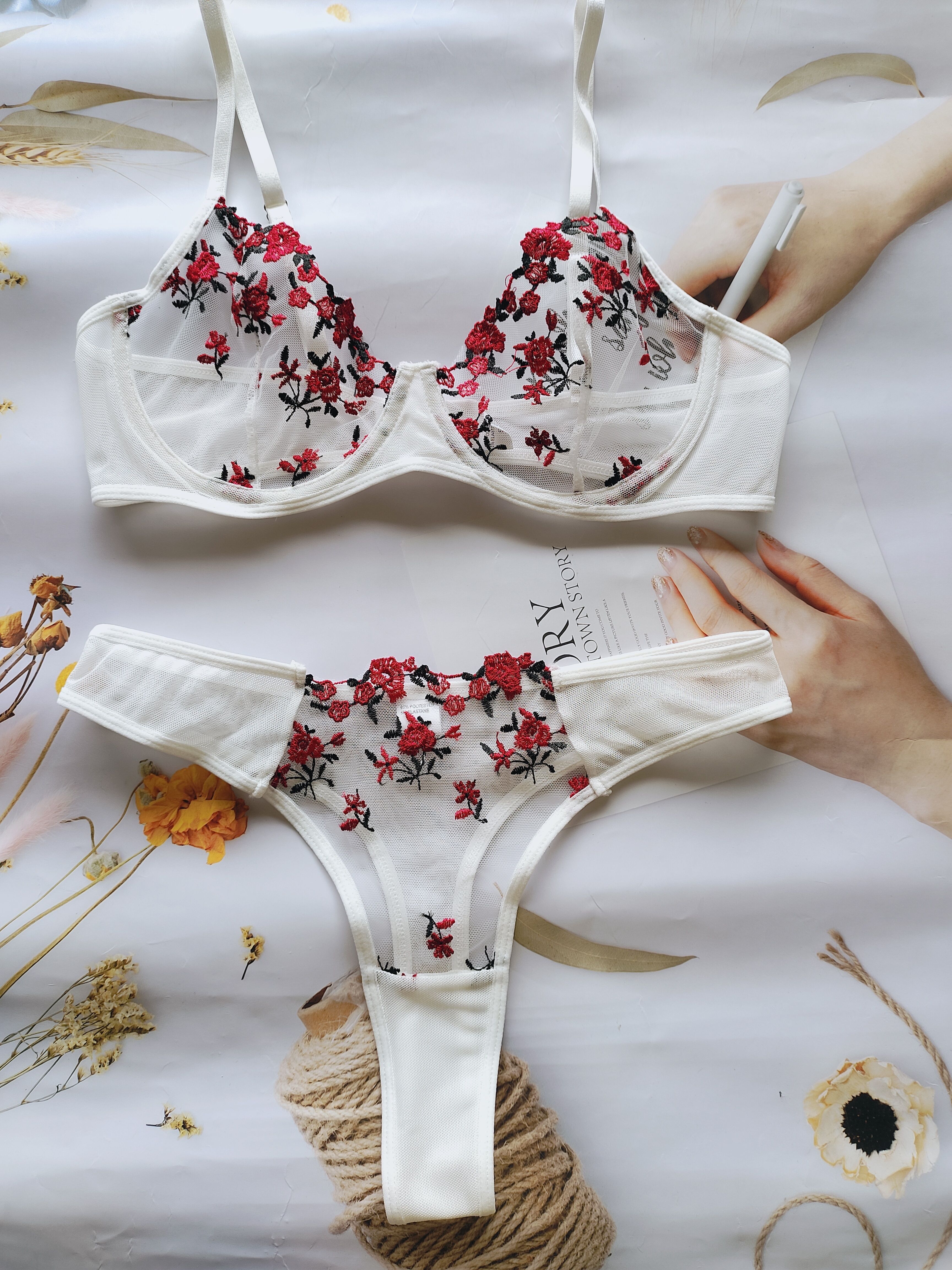 Floral Embroidery Lingerie Set, Mesh Unlined Bra & Thong Panties, Women's  Sexy Lingerie & Underwear
