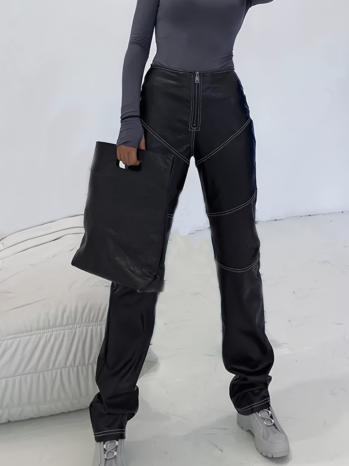 Black Cargo Pants Straight Fit High Rise Faux Leather