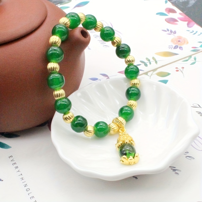 10mm Green Jade Stone Beads With Pixiu Chinese Lucky Charm Bracelet