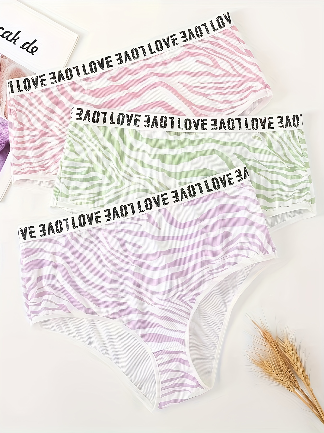 3 Pack Plus Size Cute Panties Set, Women's Plus Ribbed Zebra Print Letter  Tape Stretchy Underwear Three Piece Set