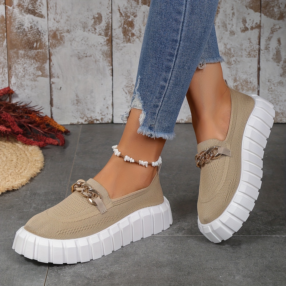 Women's Chain Decor Platform Sneakers Breathable Knit Slip - Temu