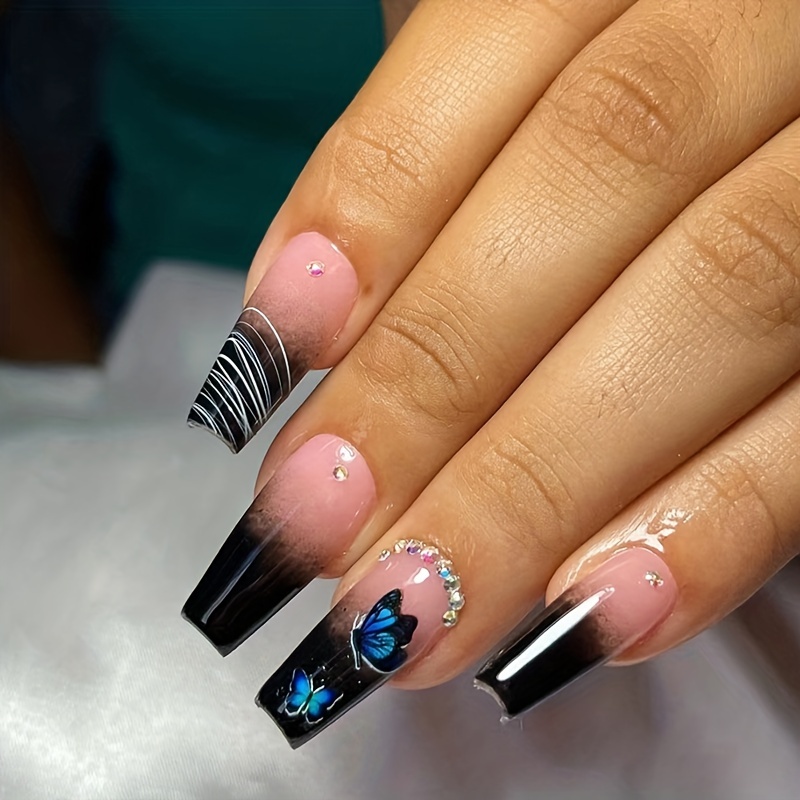 Long Coffin Black Gradient Fake Nails With Blue Butterfly - Temu