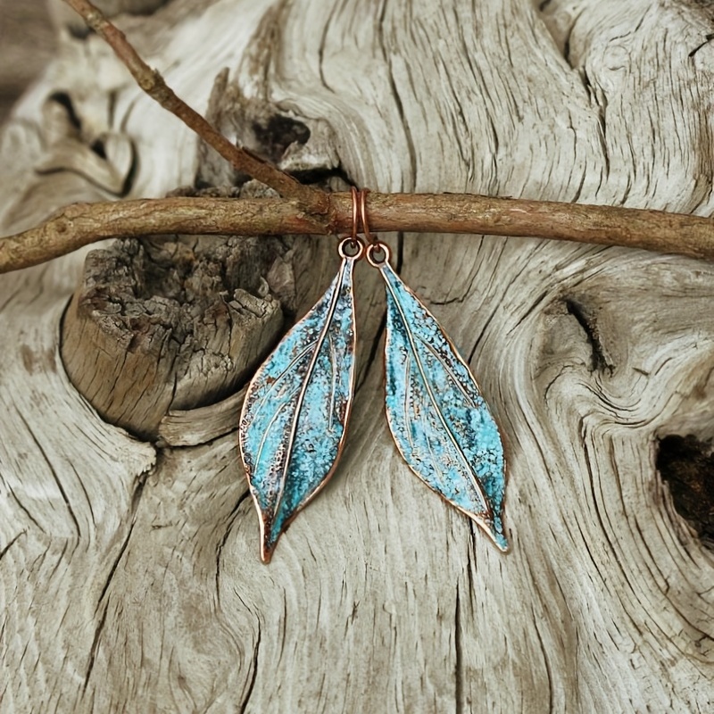

Metal Blue Leaf Design Dangle Earrings Retro Bohemian Style Alloy Jewelry Delicate Gift For Women Daily Casual