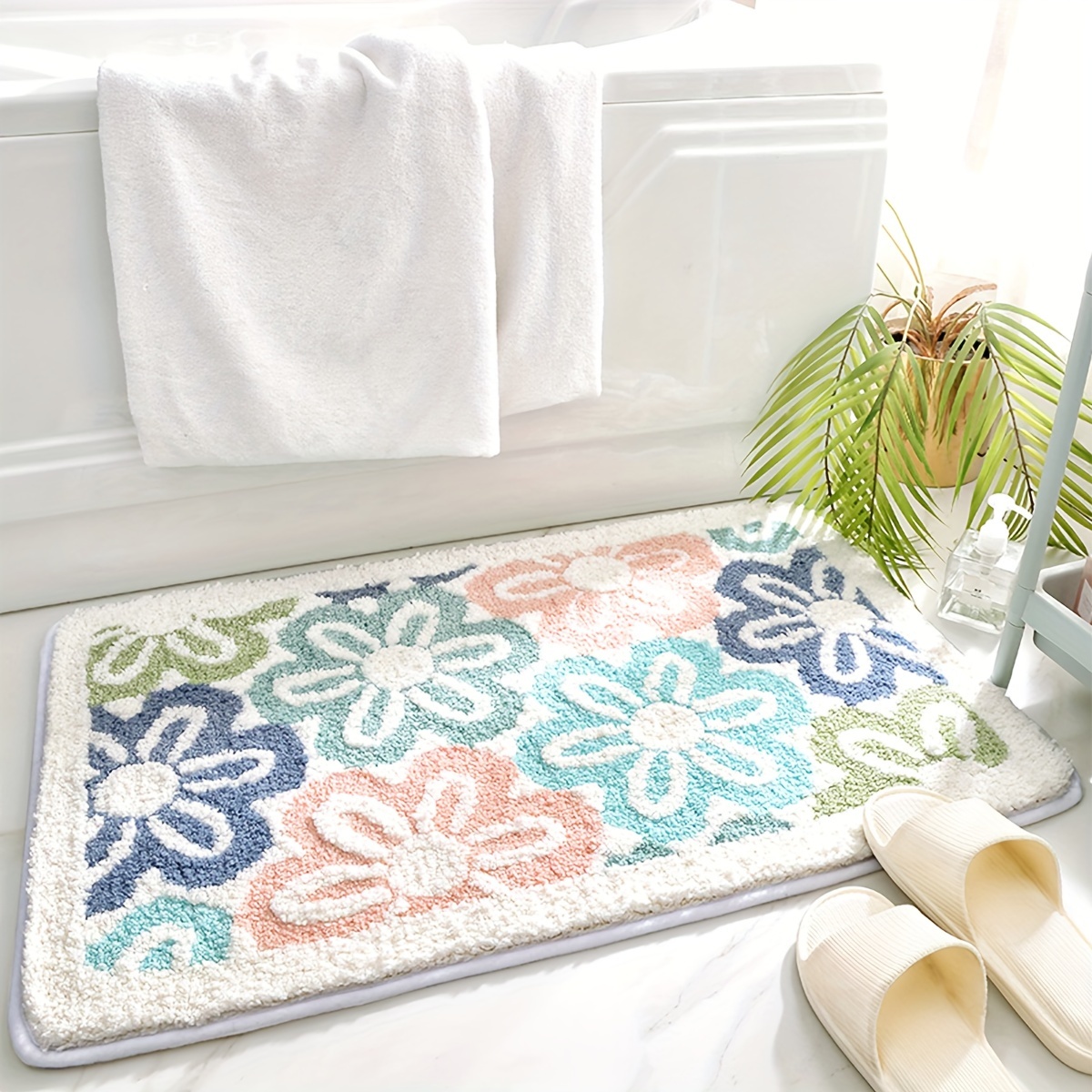 LYGLIGH Bathroom Floor Mat: Thin Bath Mat Teal Bath Mat Quick Dry Bath Mat  Bathroom Rugs Non Slip Water Absorbent Mat Shower Floor Mat - Small Bath