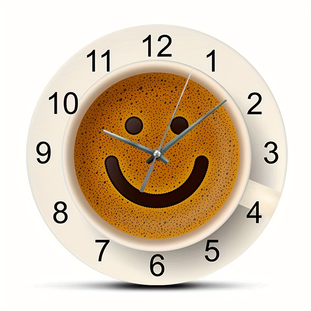 1pc 30.0cm Wall Clock, Round Wooden No Ticking Sound Quartz Quiet Movement  AA Battery Operated ﻿Coffee Cup Froth Smiley Face Home Kitchen Decor