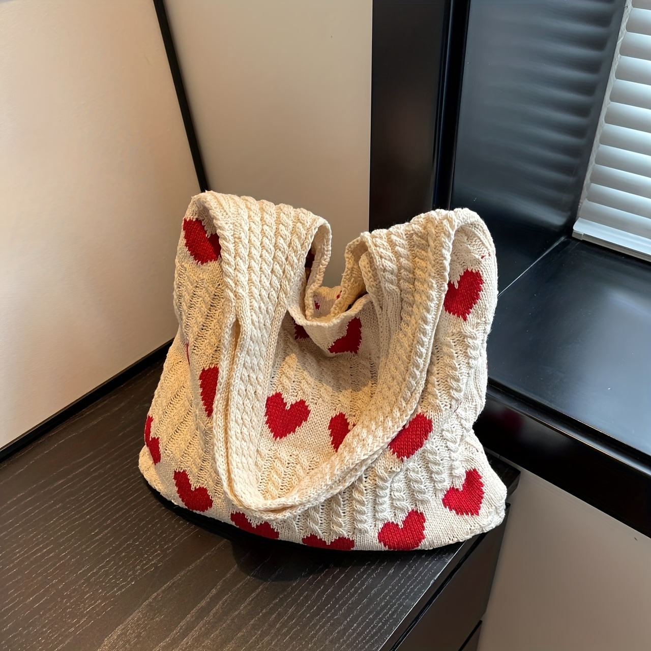 Large Capacity Knitted Hobo Bag, Cute Heart Pattern Tote Bag