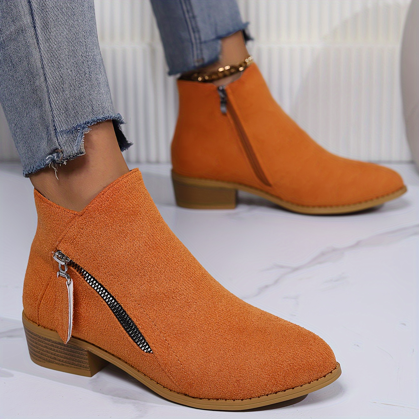 Women's Chunky Heel Short Boots Casual Side Zipper Ankle - Temu