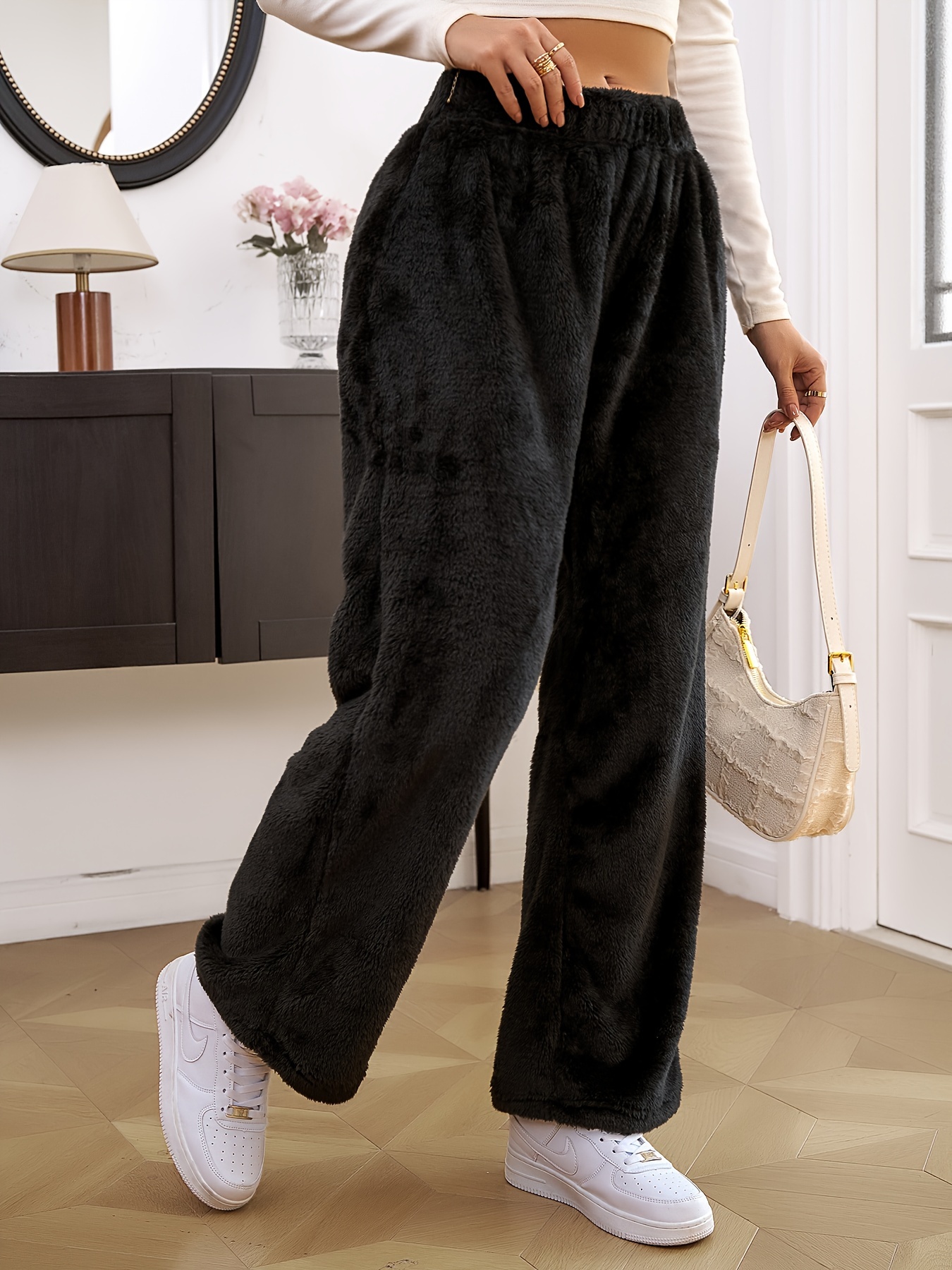 Elastic Waist Fuzzy Pants, Casal Loose Warm Pants For Fall & Winter,  Women's Clothing