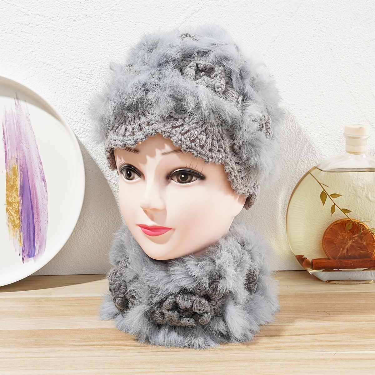 Long Knitted One Set Real Rabbit Fur Scarf Collar Shawel Hat Neck Warp  Earflap