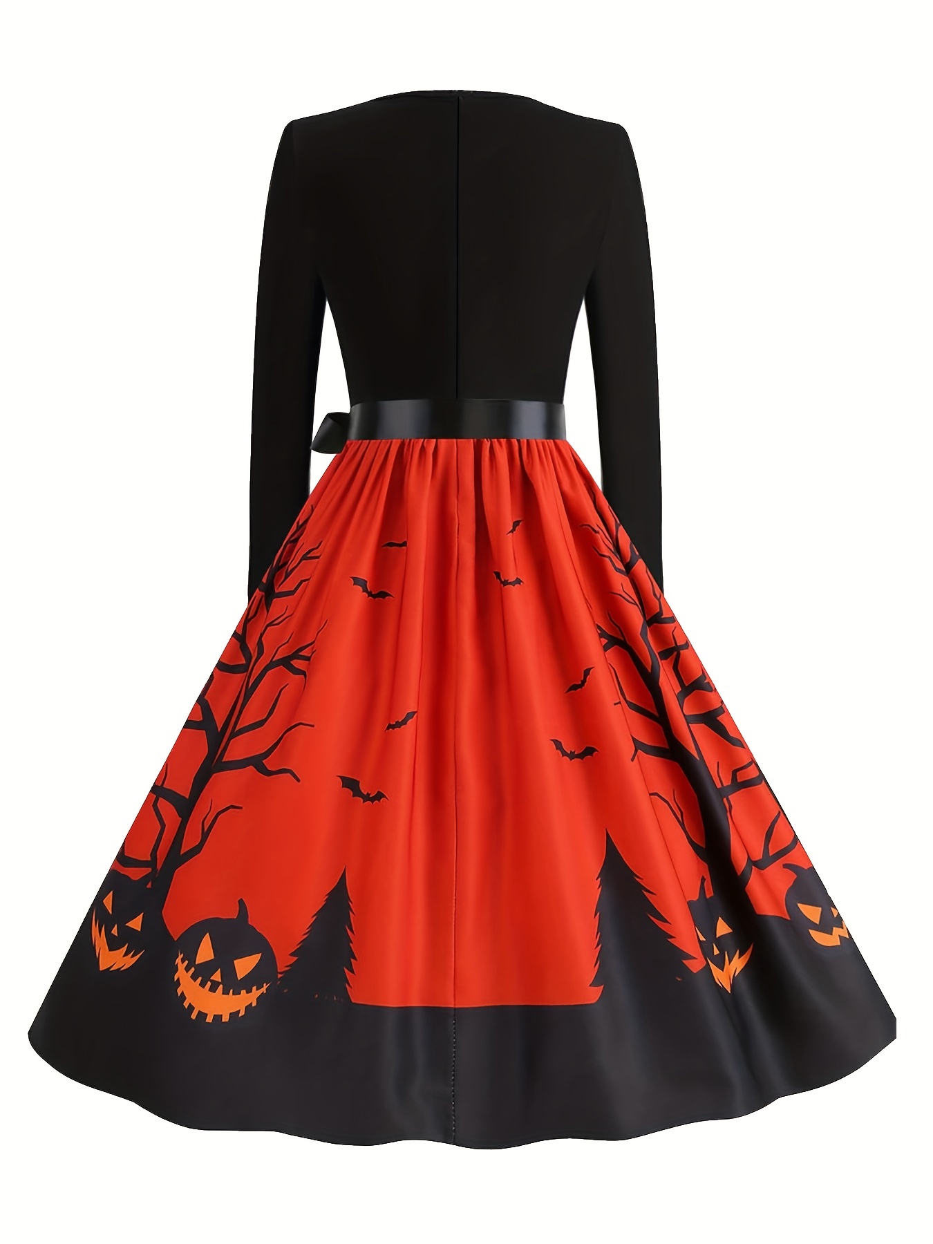 plus size halloween gothic dress womens plus colorblock pumpkin castle print long sleeve round neck swing belted party dress