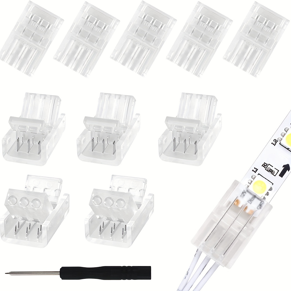 Paquete de 10 conectores de tira de luz LED RGB de 4 pines de 0.394 in, sin  cables, adaptador sin soldadura, extensión de terminal para tira