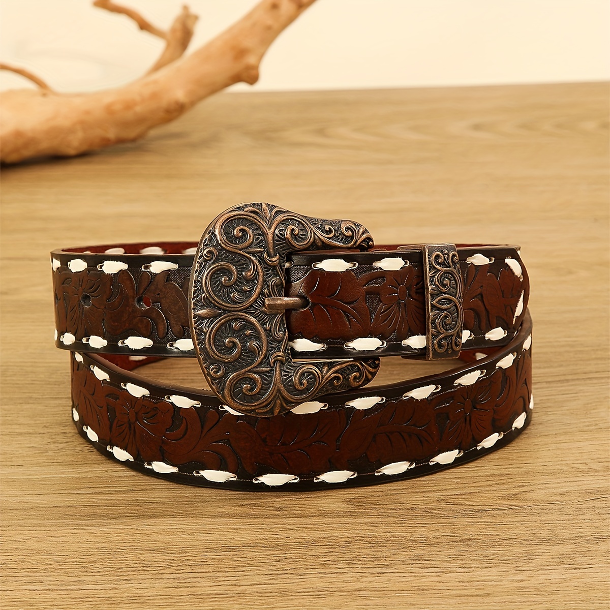 Vintage Mens Leather Belt Embossed Flower Leather Belt With Pin