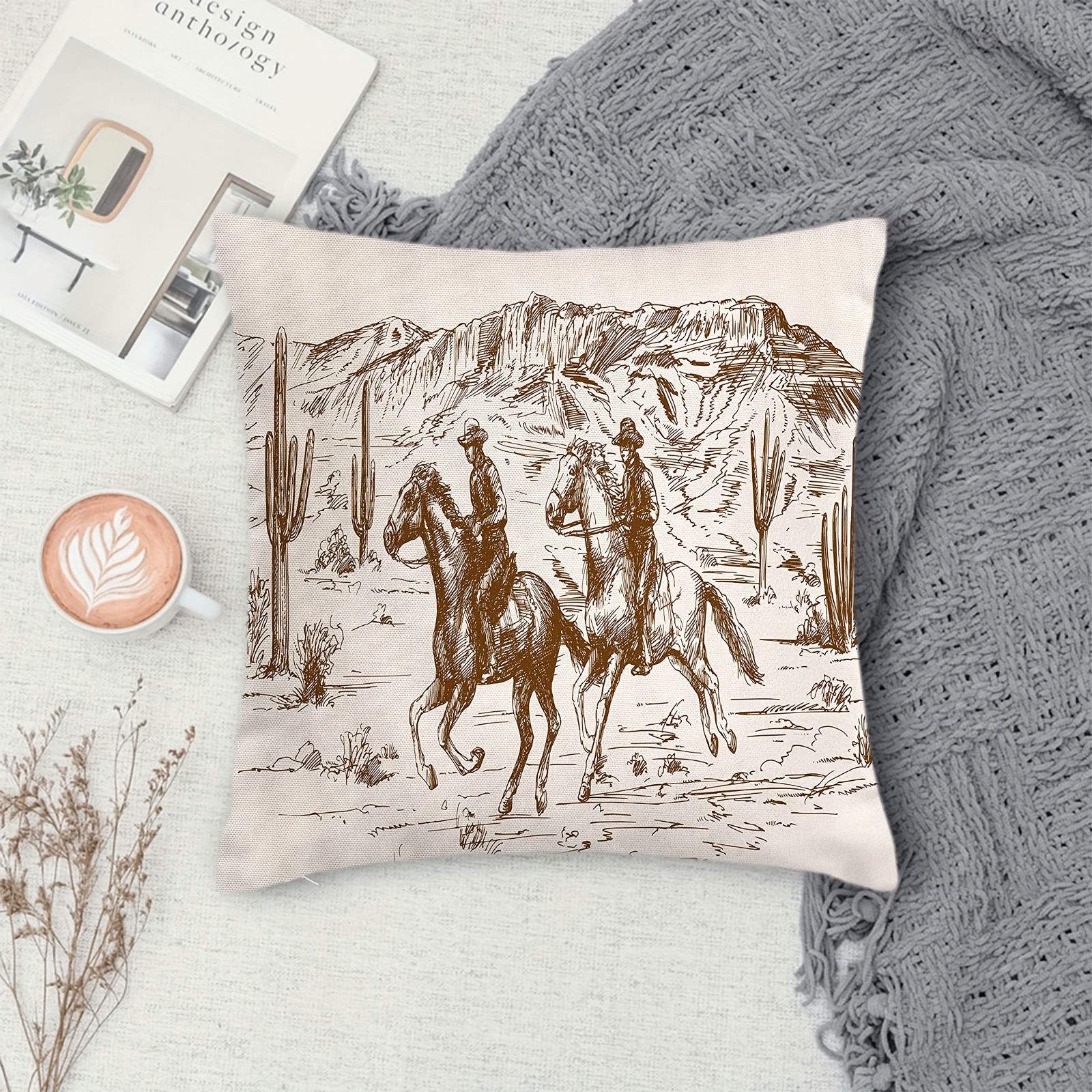 Horse Rodeo Pillow Cover Western Rodeo Horse with Cowboy Watercolor Art  Cushion Cover Throw Pillow Case Decoration American Retro Style