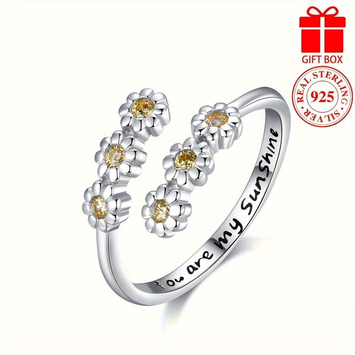 

925 Sterling Silver Wrap Ring Trendy Sunflower Design Inlaid Shining Zirconia Carved Sweet Words Inside High Quality Adjustable Ring