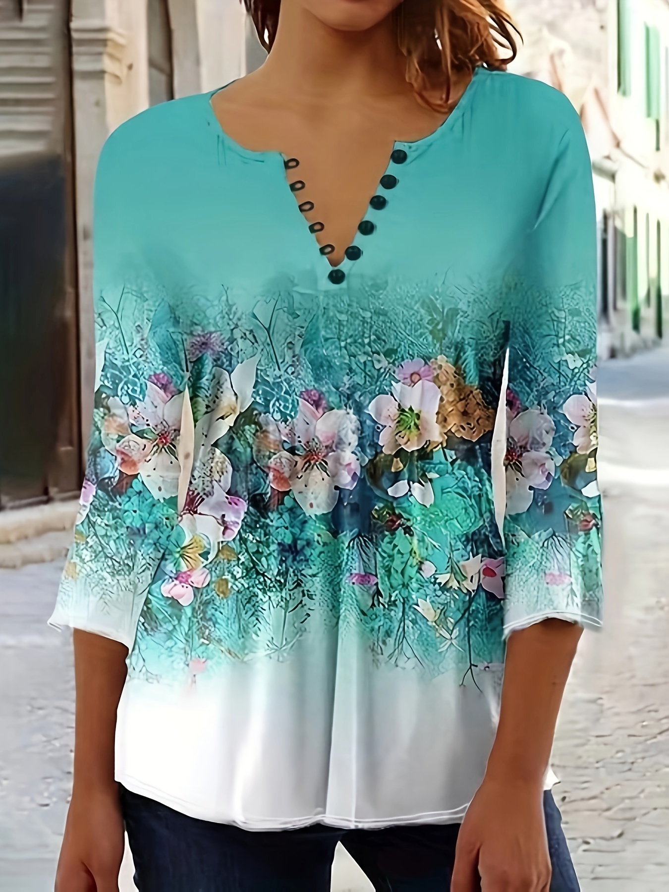 Floral Print Button Front T-Shirt, Casual Three-quarter Sleeve Top For ...