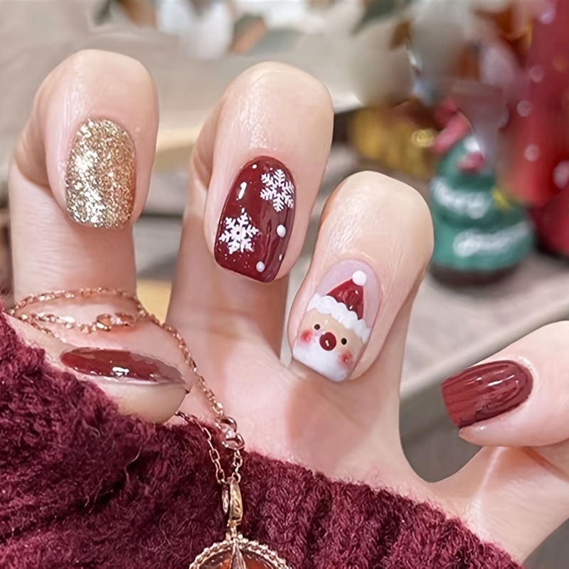 Amazon.com: Christmas Press on Nails Short French Tip Nails Fake Nails with  Nail Glue Glossy Nude Pink Glue on Nails Glod and Red Ribbon Star Design  Acrylic Nails Full Cover for Christmas